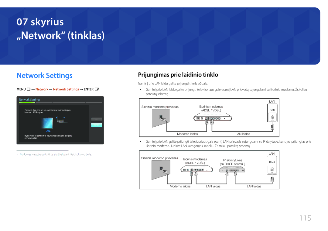 Samsung LH75MECPLGC/EN manual „Network tinklas, Network Settings, 115, Prijungimas prie laidinio tinklo 