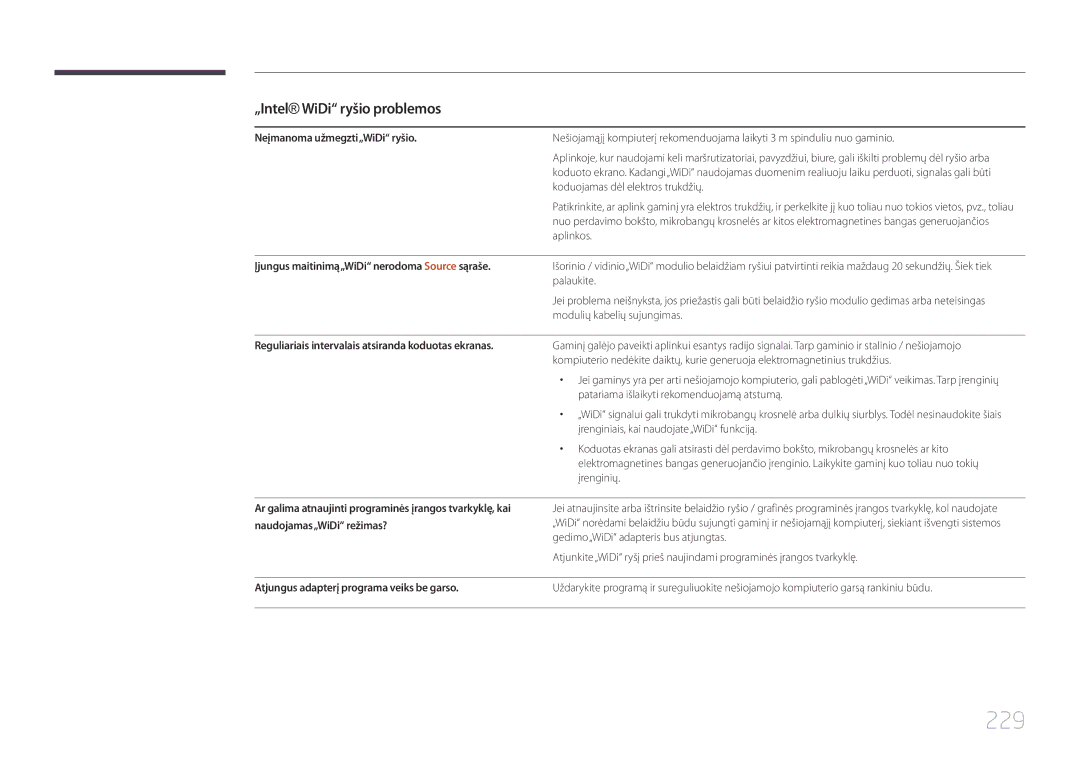 Samsung LH75MECPLGC/EN manual 229, „Intel WiDi ryšio problemos, Neįmanoma užmegzti„WiDi ryšio 