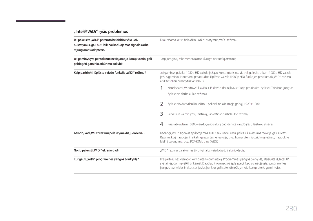 Samsung LH75MECPLGC/EN manual 230, Kaip pasirinkti išplėsto vaizdo funkciją„WiDi režimu?, Noriu pakeisti„WiDi ekrano dydį 