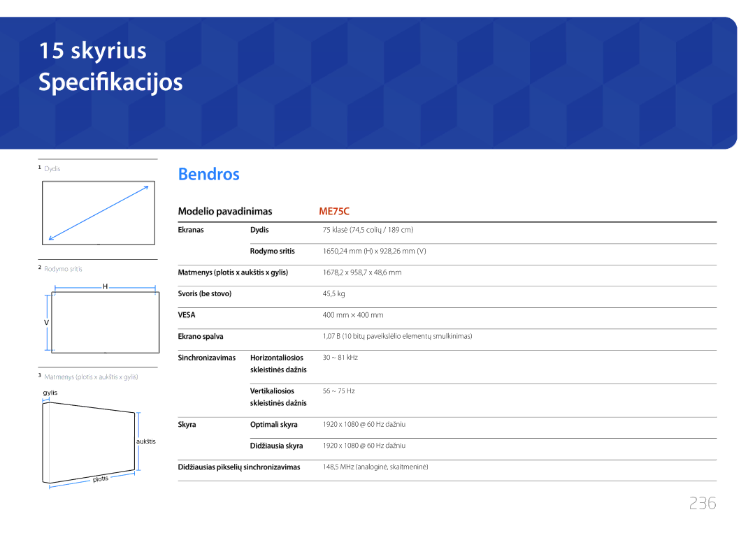 Samsung LH75MECPLGC/EN manual Specifikacijos, Bendros, 236, Modelio pavadinimas 