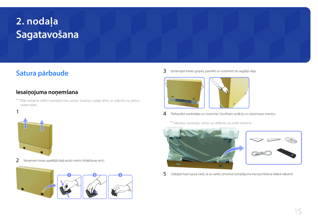 Samsung LH75MECPLGC/EN manual Sagatavošana, Satura pārbaude, Iesaiņojuma noņemšana 