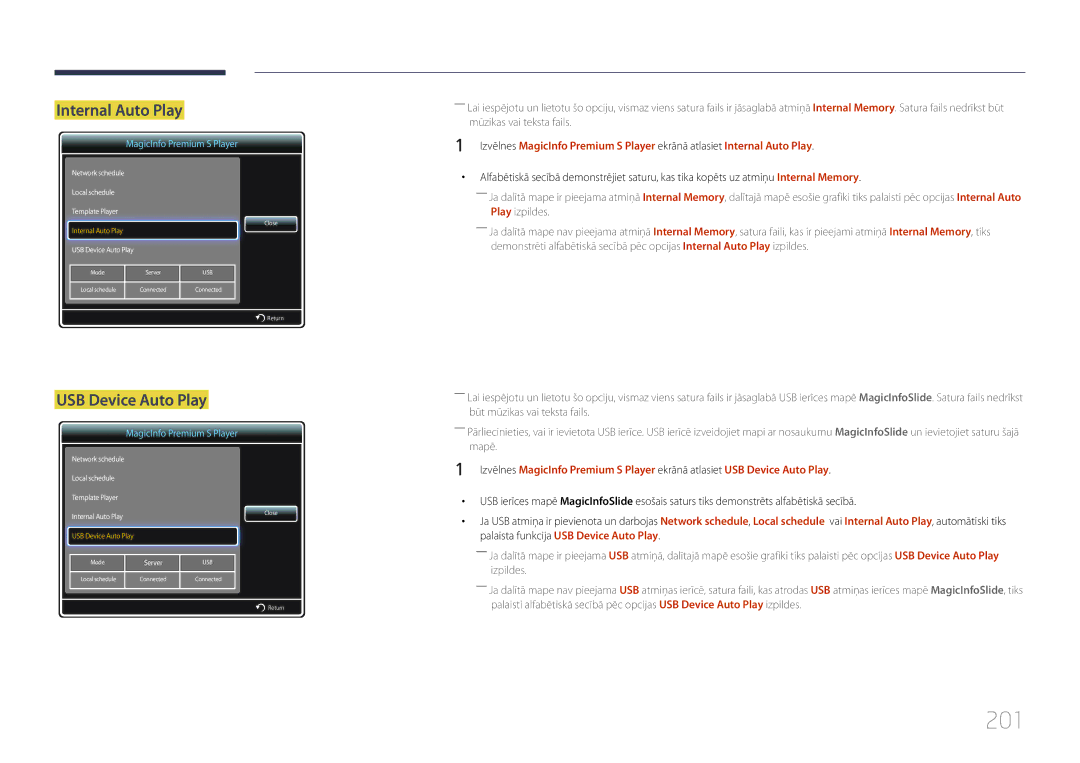 Samsung LH75MECPLGC/EN manual 201, Internal Auto Play 