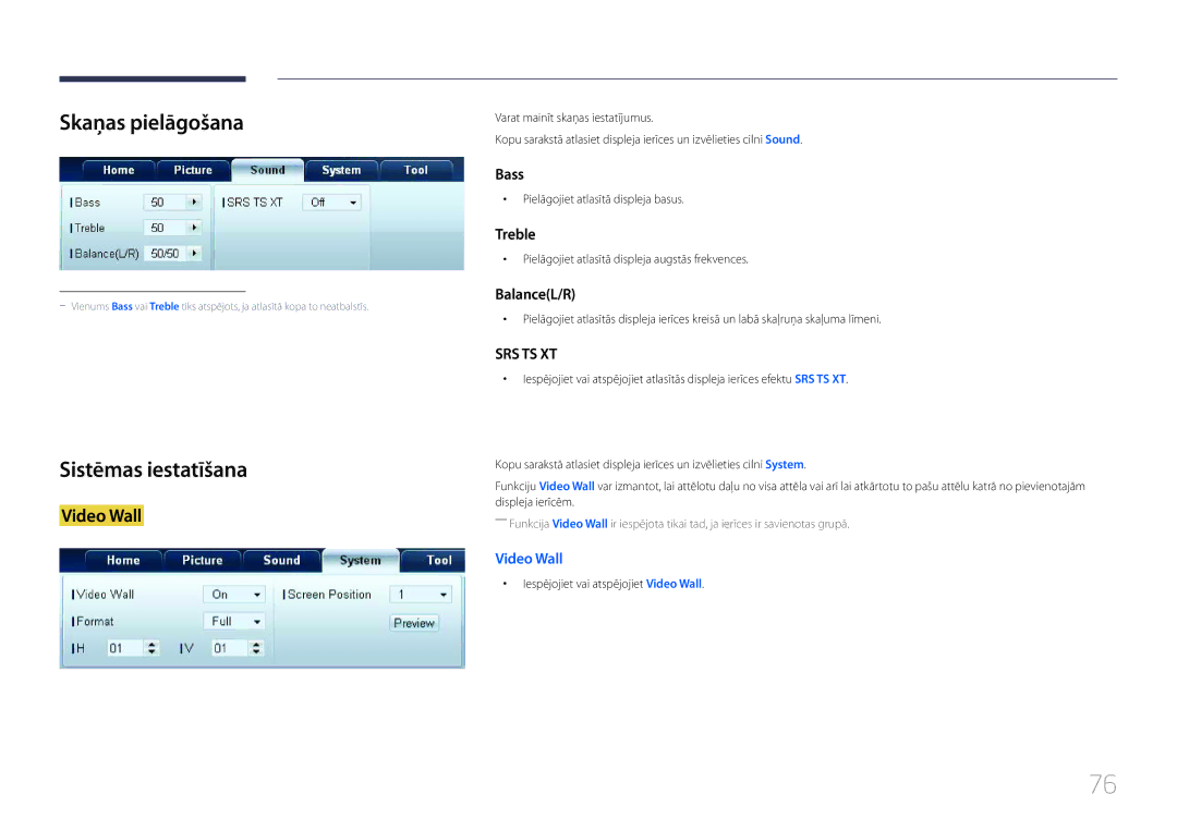 Samsung LH75MECPLGC/EN manual Skaņas pielāgošana, Sistēmas iestatīšana, Pielāgojiet atlasītā displeja basus 