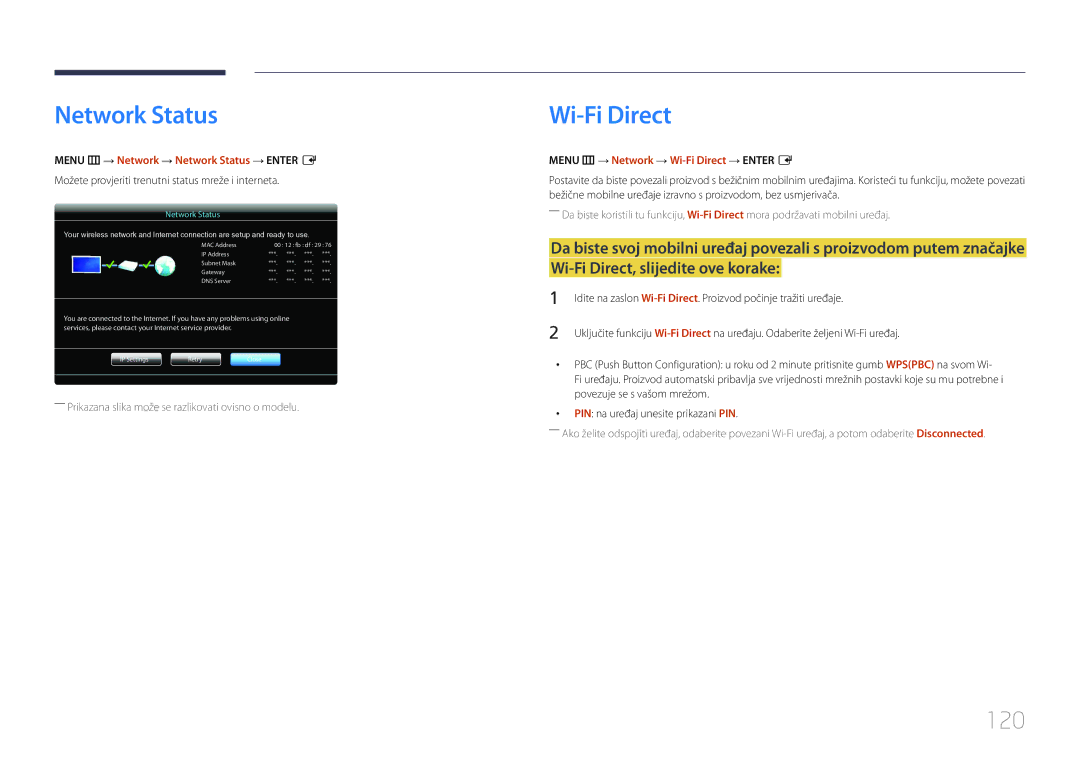 Samsung LH75MECPLGC/EN manual Wi-Fi Direct, 120, Menu m → Network → Network Status → Enter E 