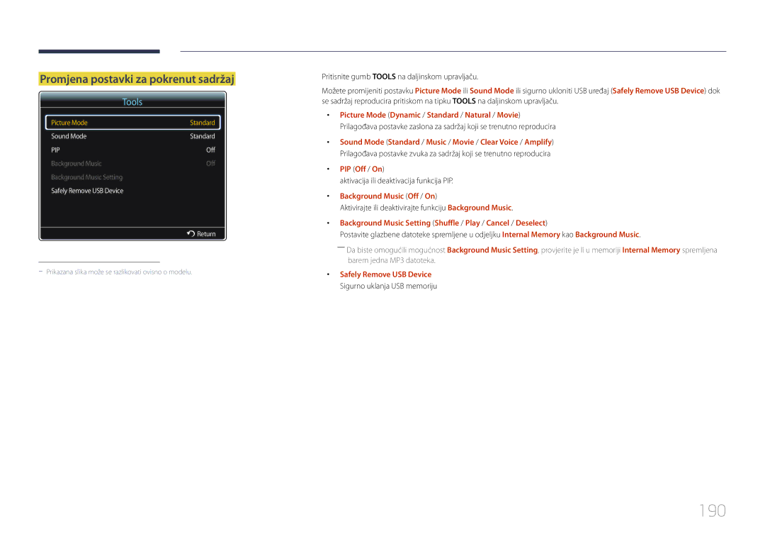 Samsung LH75MECPLGC/EN manual 190, Promjena postavki za pokrenut sadržaj, PIP Off / On, Background Music Off / On 