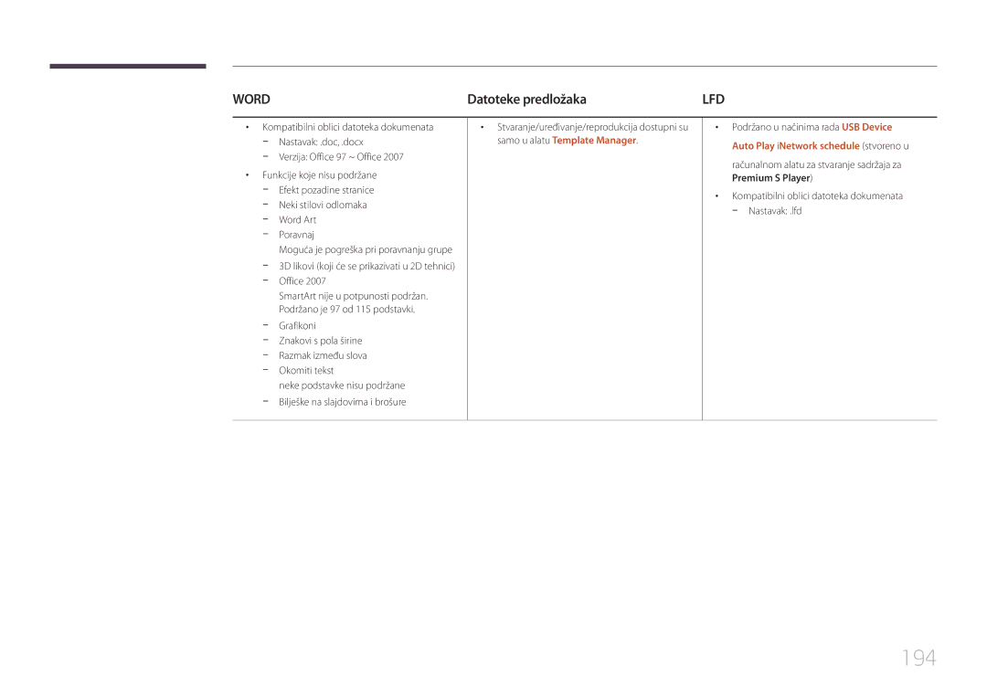 Samsung LH75MECPLGC/EN manual 194, Datoteke predložaka, Stvaranje/uređivanje/reprodukcija dostupni su 