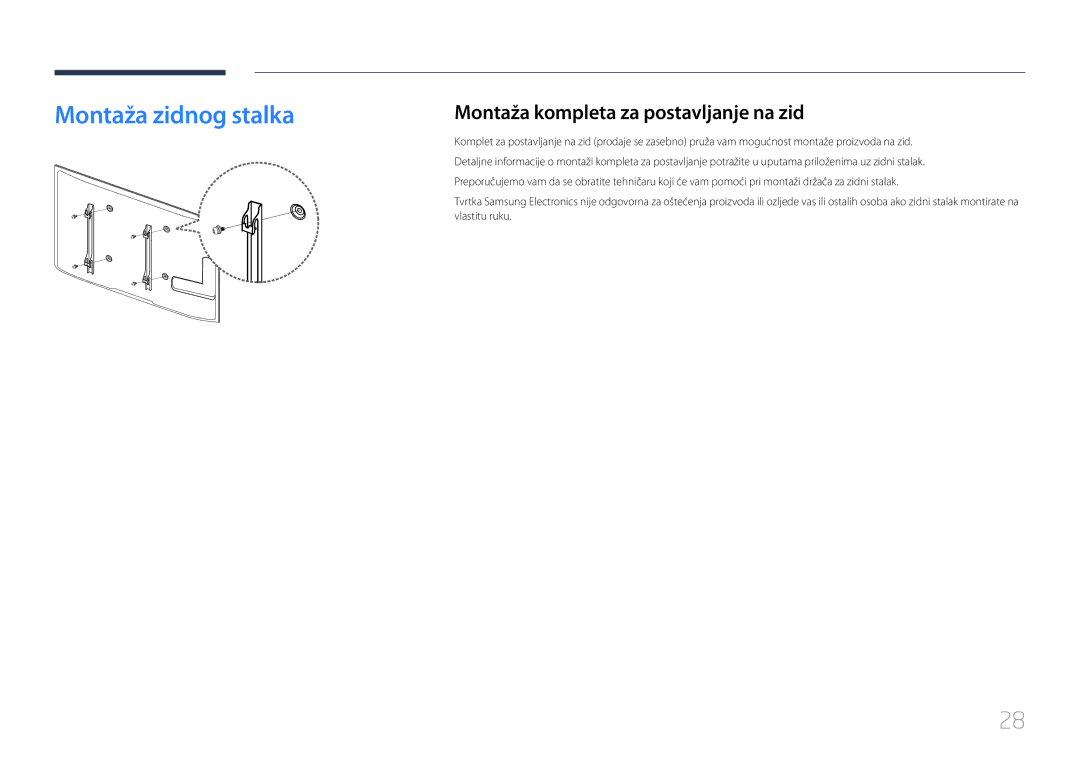 Samsung LH75MECPLGC/EN manual Montaža zidnog stalka, Montaža kompleta za postavljanje na zid 