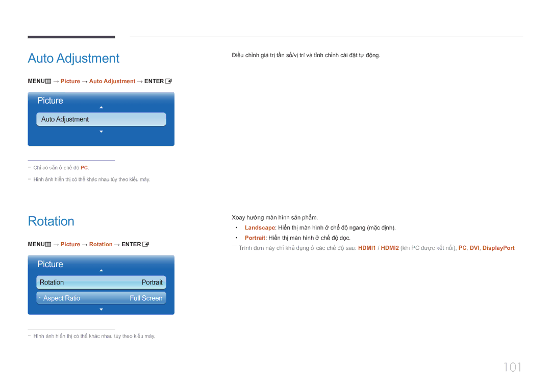 Samsung LH75MECPLGC/XY manual 101, MENUm → Picture → Auto Adjustment → Entere, MENUm → Picture → Rotation → Entere 