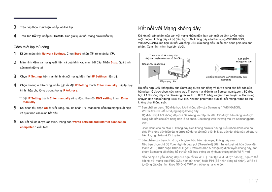 Samsung LH75MECPLGC/XY manual 117, Kết nối vơi Mạng không dây, Manually 