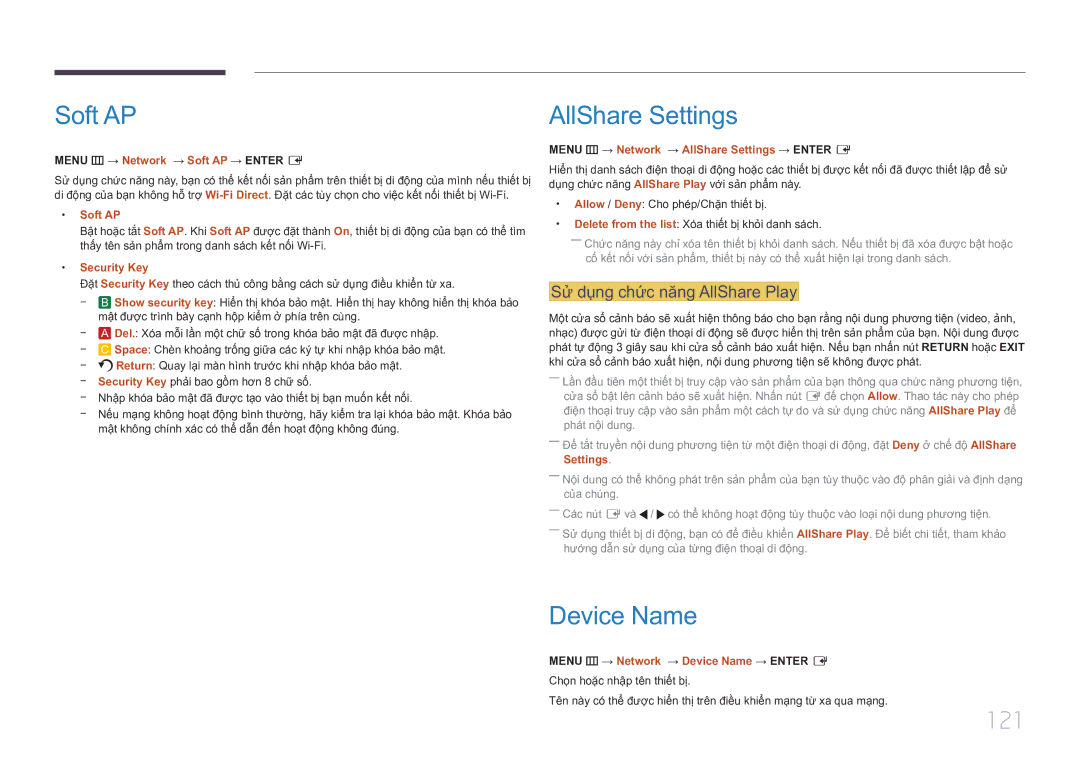 Samsung LH75MECPLGC/XY manual Soft AP, AllShare Settings, Device Name, 121, Sư dung chức năng AllShare Play 