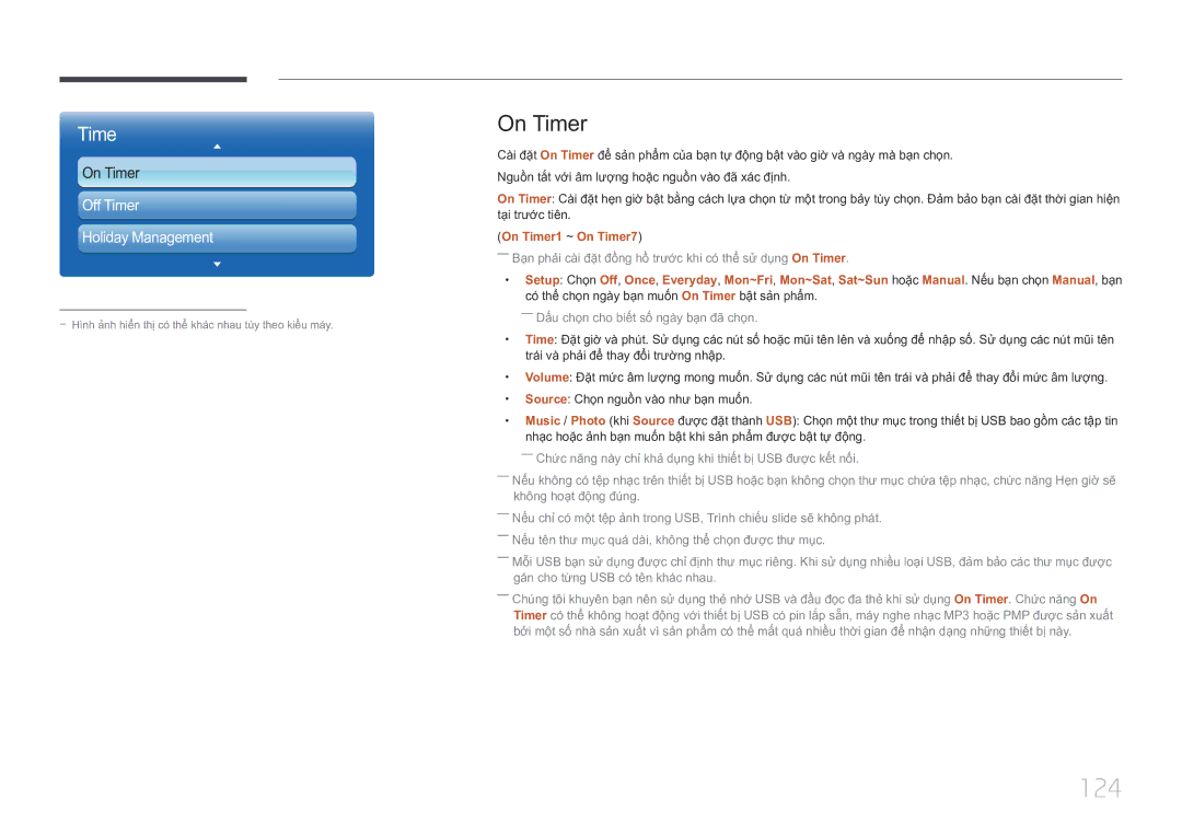 Samsung LH75MECPLGC/XY manual 124, On Timer1 ~ On Timer7 