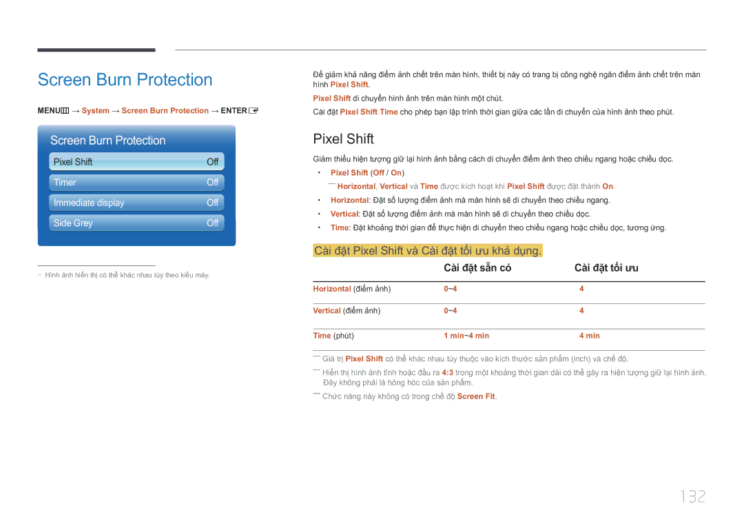 Samsung LH75MECPLGC/XY manual Screen Burn Protection, 132, Cài đặt Pixel Shift và Cài đặt tối ưu khả dung 