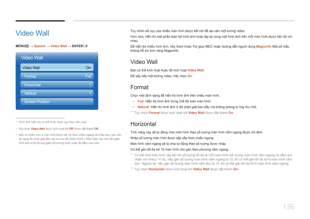 Samsung LH75MECPLGC/XY manual Video Wall, 136, Format, Horizontal 