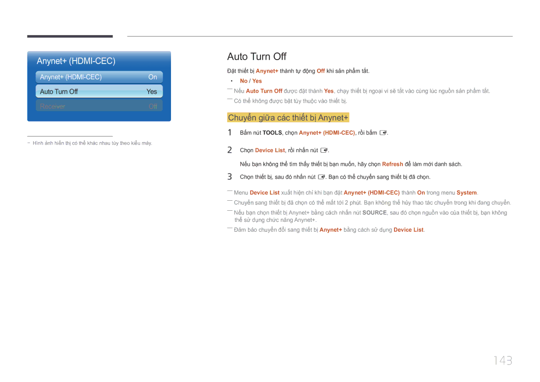 Samsung LH75MECPLGC/XY manual 143, Auto Turn Off, Chuyển giữa các thiết bị Anynet+, No / Yes 
