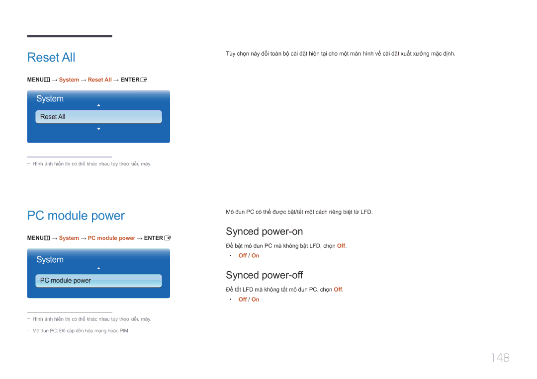 Samsung LH75MECPLGC/XY manual Reset All, PC module power, 148, Synced power-on, Synced power-off 