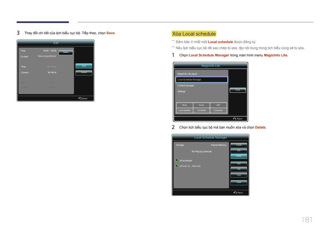 Samsung LH75MECPLGC/XY manual 181, Xóa Local schedule 