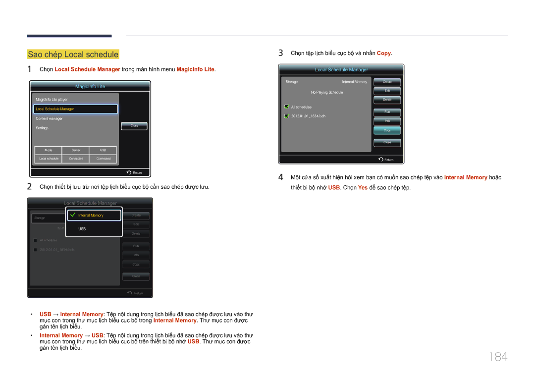 Samsung LH75MECPLGC/XY manual 184, Sao chép Local schedule, Thiết bị bộ nhơ USB. Chọn Yes để sao chép tệp 