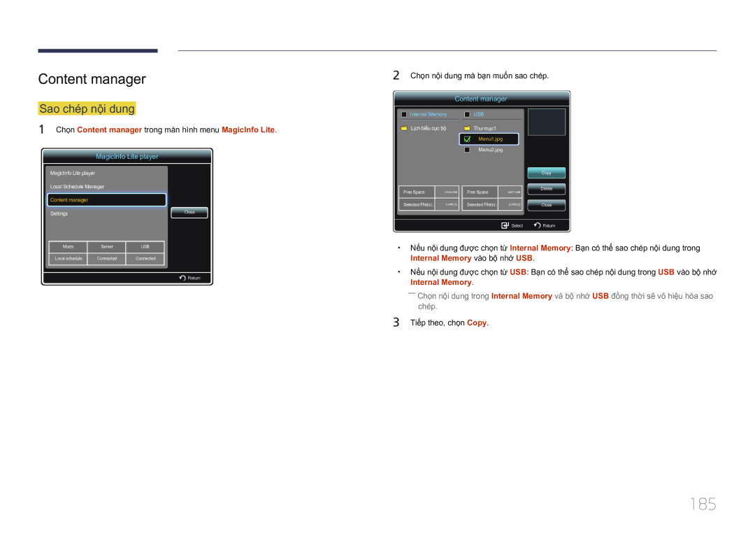 Samsung LH75MECPLGC/XY manual 185, Content manager, Sao chép nội dung, Internal Memory 