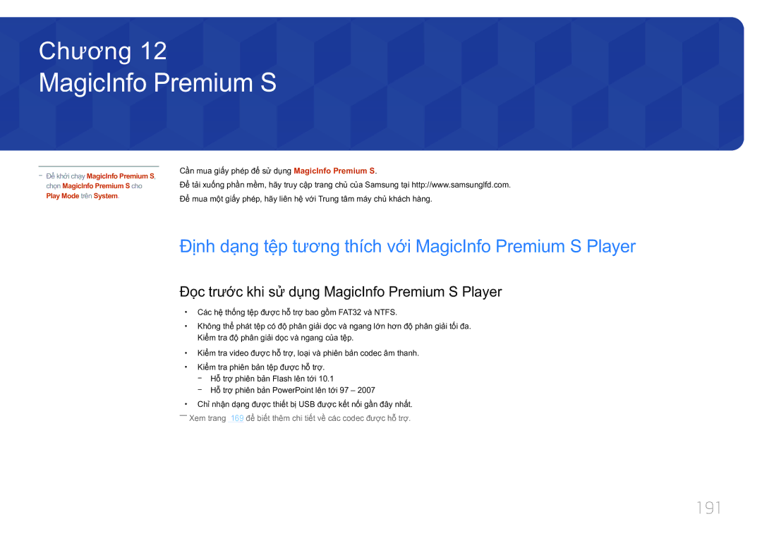 Samsung LH75MECPLGC/XY manual 191, Đọ̣c trước khi sử dụng MagicInfo Premium S Player 