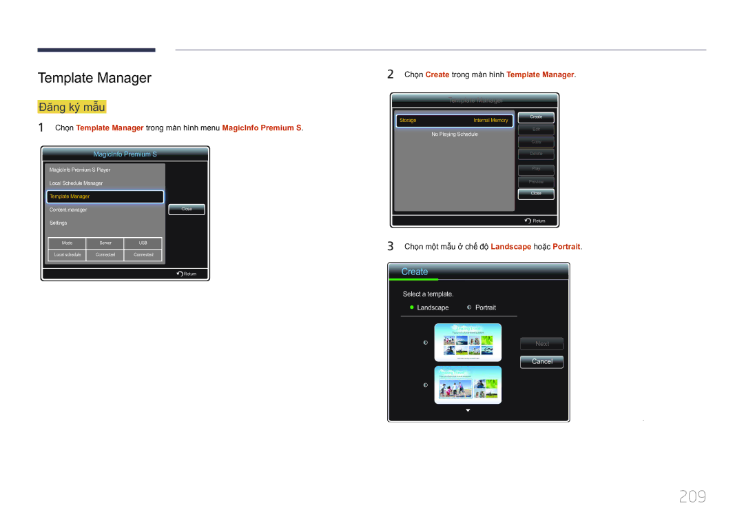 Samsung LH75MECPLGC/XY manual 209, Đăng ký mâu, Chọn Create trong màn hình Template Manager 