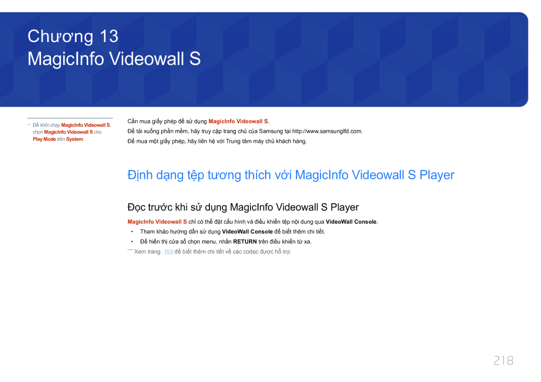 Samsung LH75MECPLGC/XY manual 218, Đọ̣c trước khi sử dụng MagicInfo Videowall S Player 