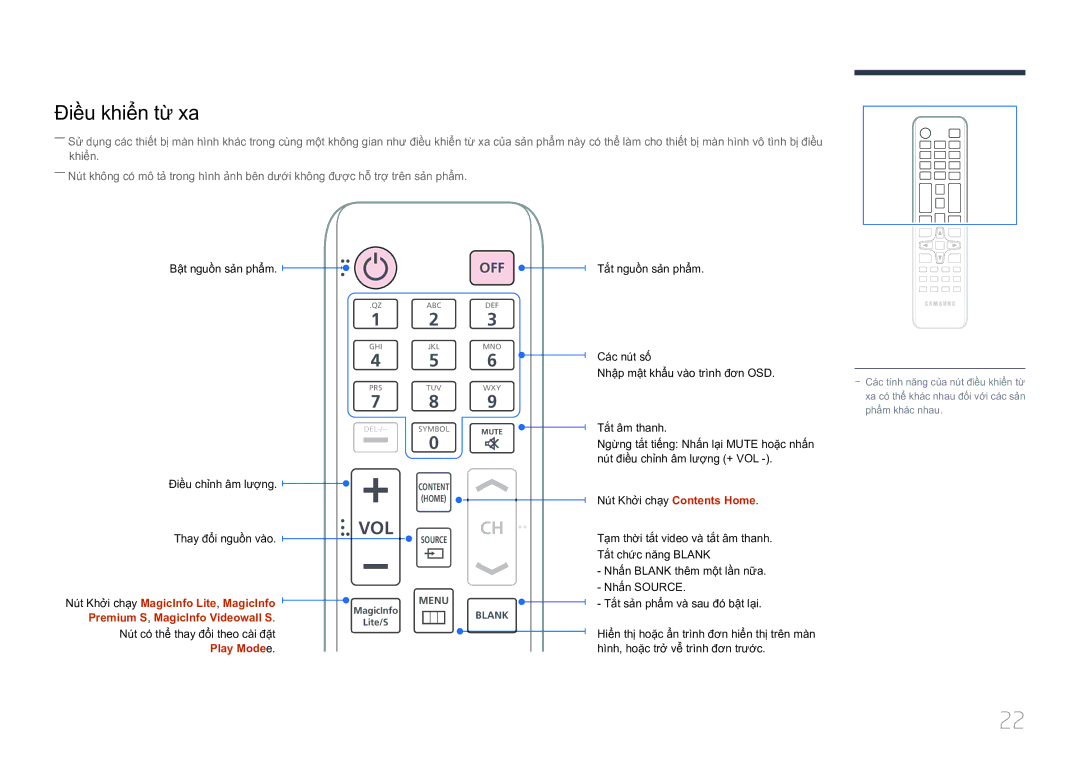 Samsung LH75MECPLGC/XY manual Điề̀u khiể̉n từ̀ xa, Điề̀u chỉ̉nh âm lượ̣ng Thay đôi nguồn vào, Play Modee 