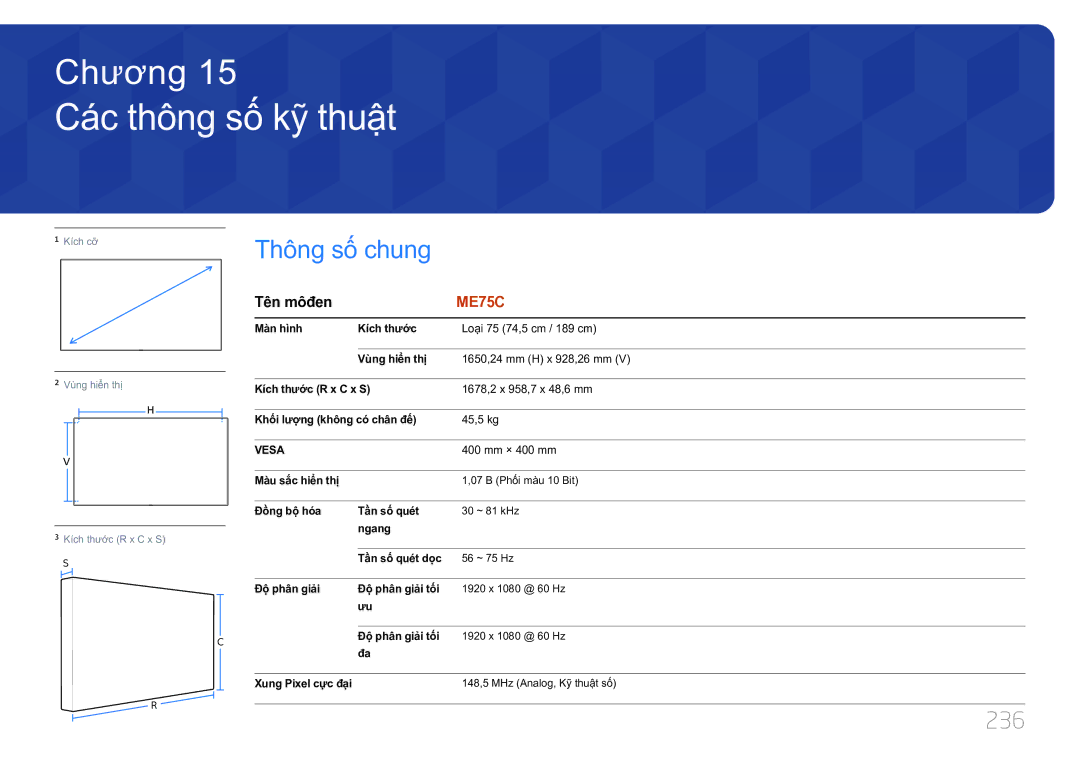 Samsung LH75MECPLGC/XY manual Các thông số́ kỹ̃ thuậ̣t, Thông số chung, 236, Tên môđen 