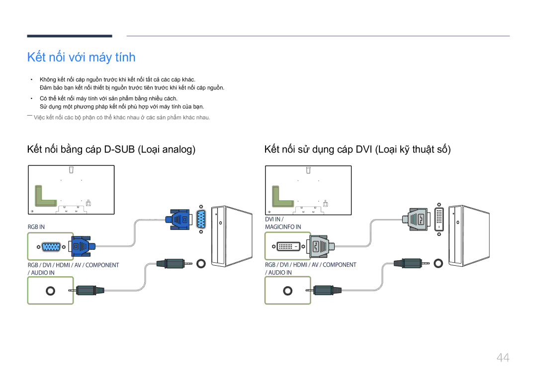 Samsung LH75MECPLGC/XY manual Kết nối vơi máy tính, Kết nối bằng cáp D-SUB Loại analog 