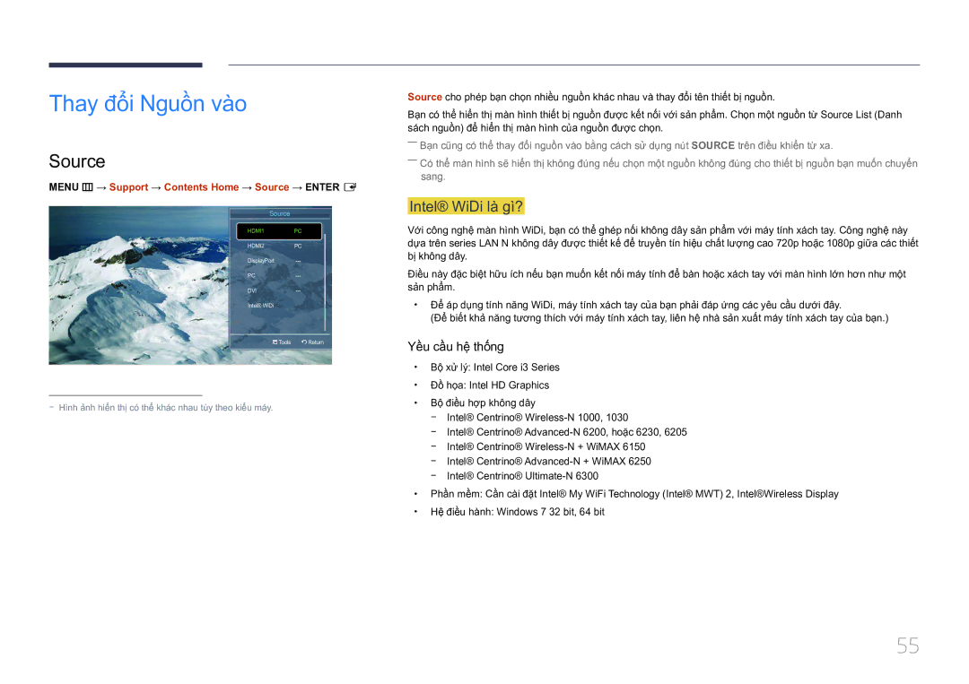 Samsung LH75MECPLGC/XY manual Thay đôi Nguồn vào, Source, Intel WiDi là gì? 