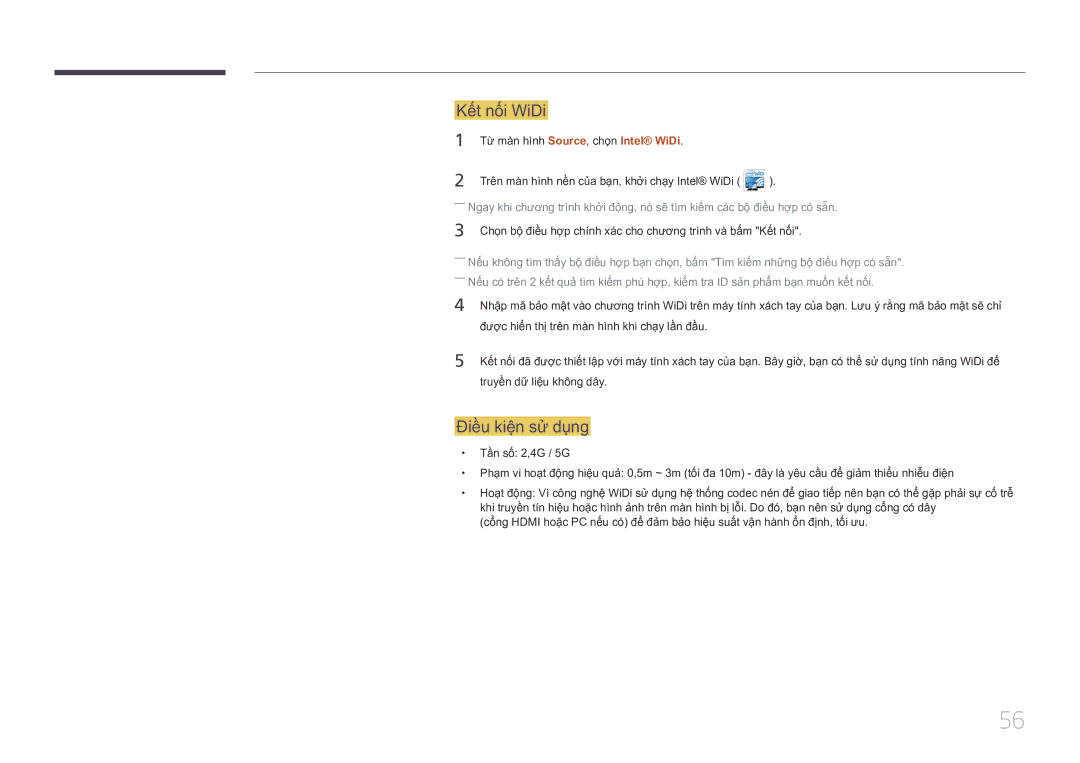 Samsung LH75MECPLGC/XY manual Kế́t nố́i WiDi, Điề̀u kiệ̣n sử dụng 