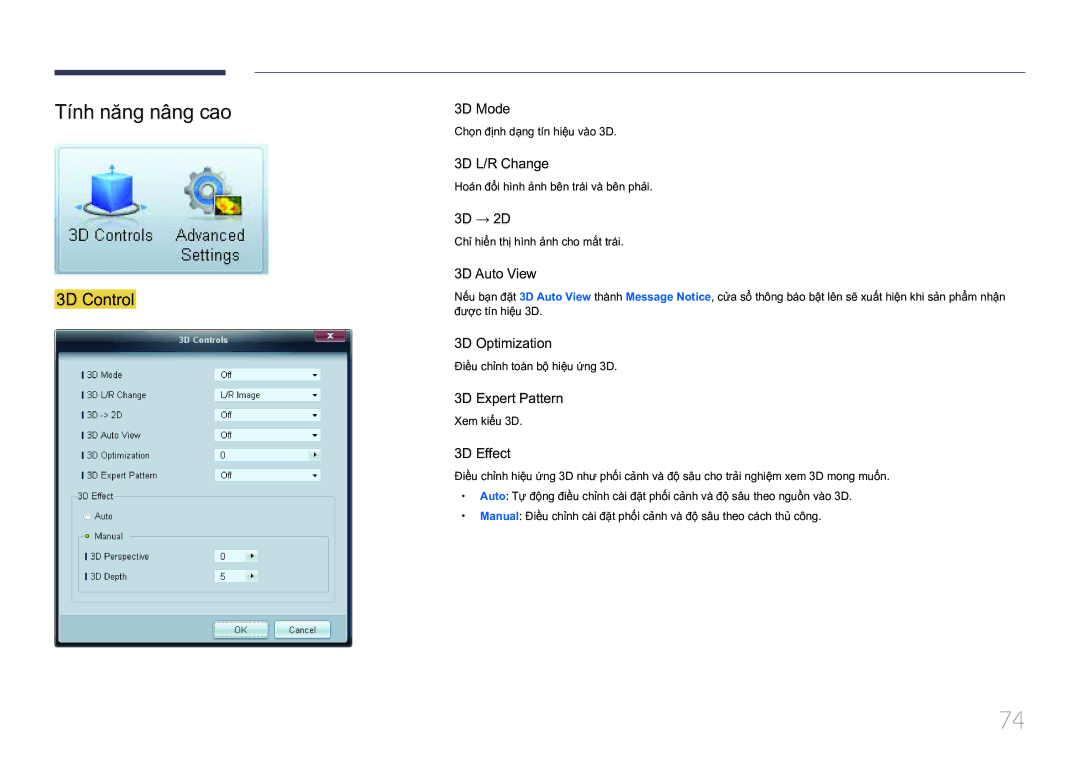 Samsung LH75MECPLGC/XY manual Tính năng nâng cao, 3D Control 