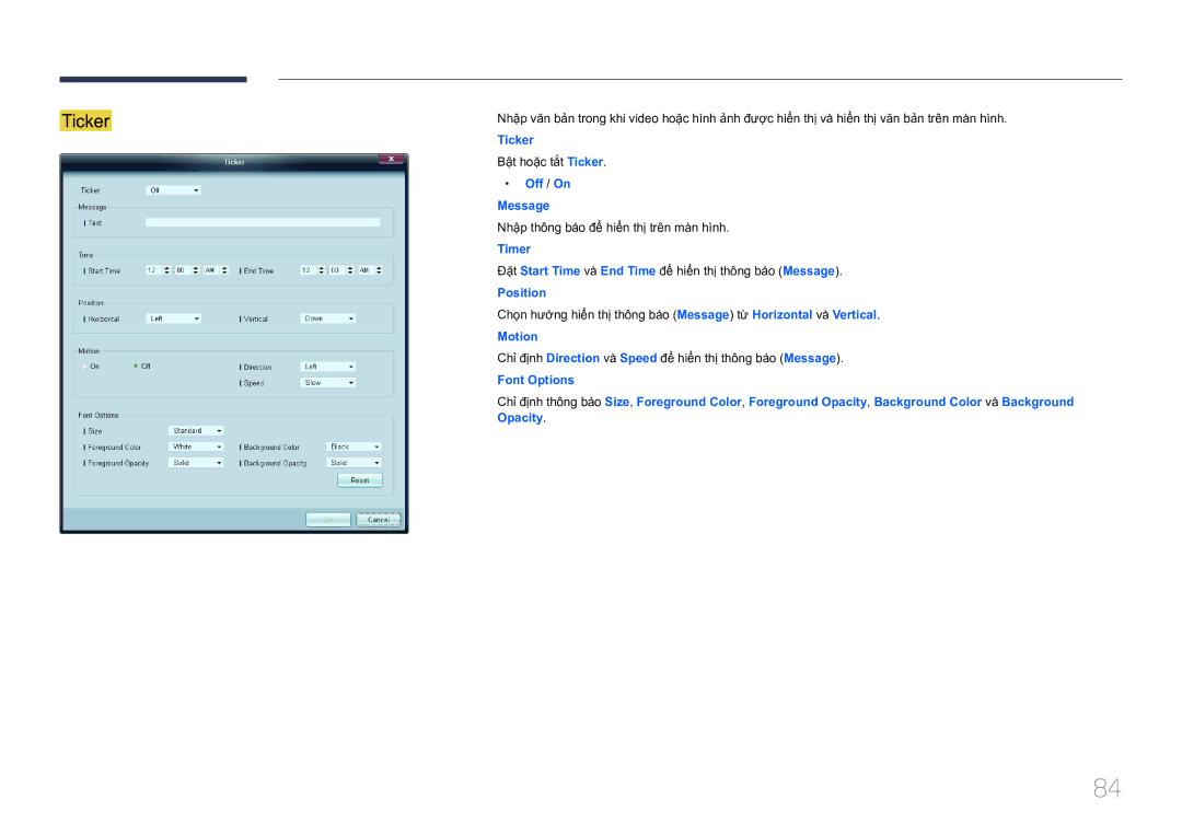 Samsung LH75MECPLGC/XY manual Bật hoặc tắt Ticker, Nhập thông báo để hiển thị trên màn hình 