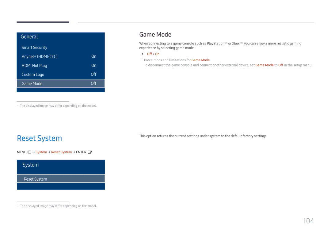 Samsung LH75OHFPLBC/EN, LH75OHFPLBC/XY manual 104, Game Mode, Menu m → System → Reset System → Enter E 