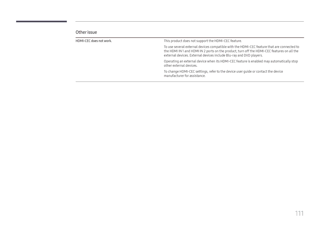 Samsung LH75OHFPLBC/XY, LH75OHFPLBC/EN manual 111, HDMI-CEC does not work 