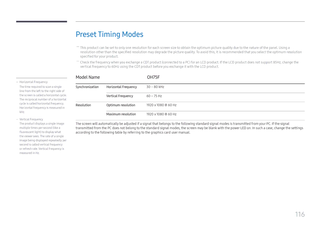 Samsung LH75OHFPLBC/EN, LH75OHFPLBC/XY manual Preset Timing Modes, 116 