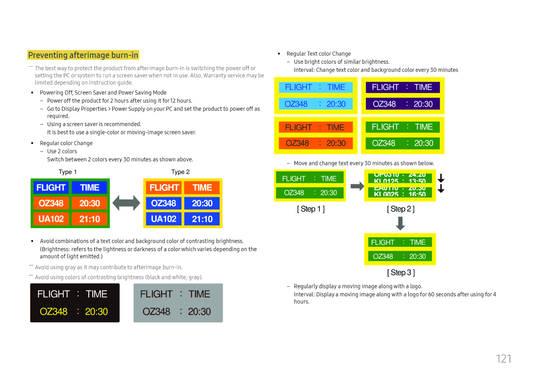 Samsung LH75OHFPLBC/XY, LH75OHFPLBC/EN manual 121, Preventing afterimage burn-in 