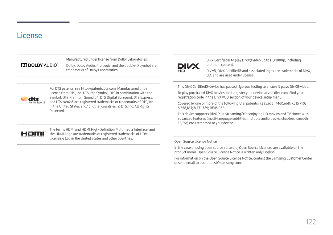 Samsung LH75OHFPLBC/EN, LH75OHFPLBC/XY manual License, 122 