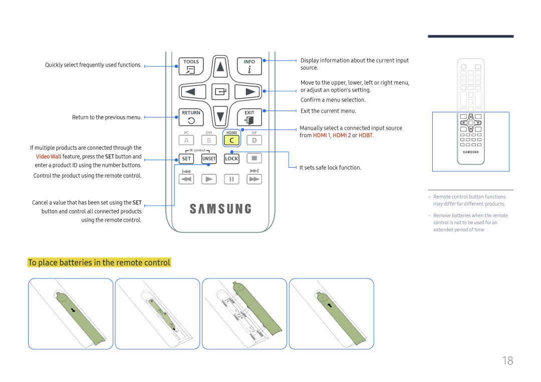 Samsung LH75OHFPLBC/EN, LH75OHFPLBC/XY manual To place batteries in the remote control, C D 