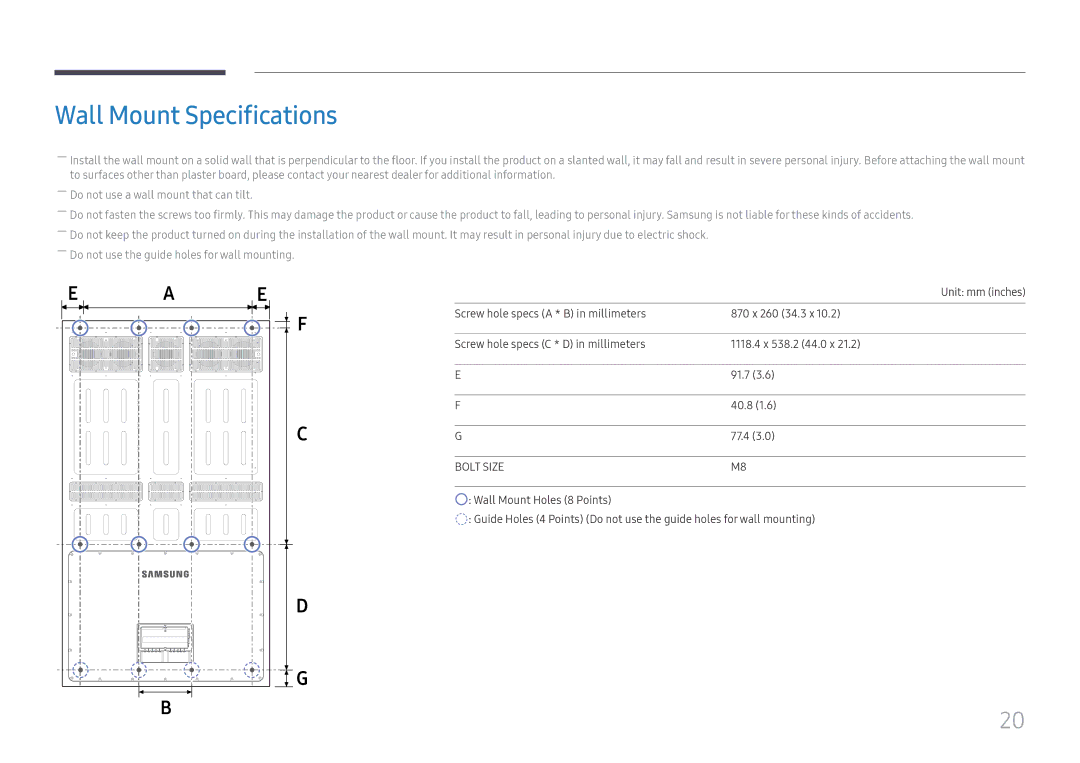 Samsung LH75OHFPLBC/EN, LH75OHFPLBC/XY manual Wall Mount Specifications, Bolt Size 