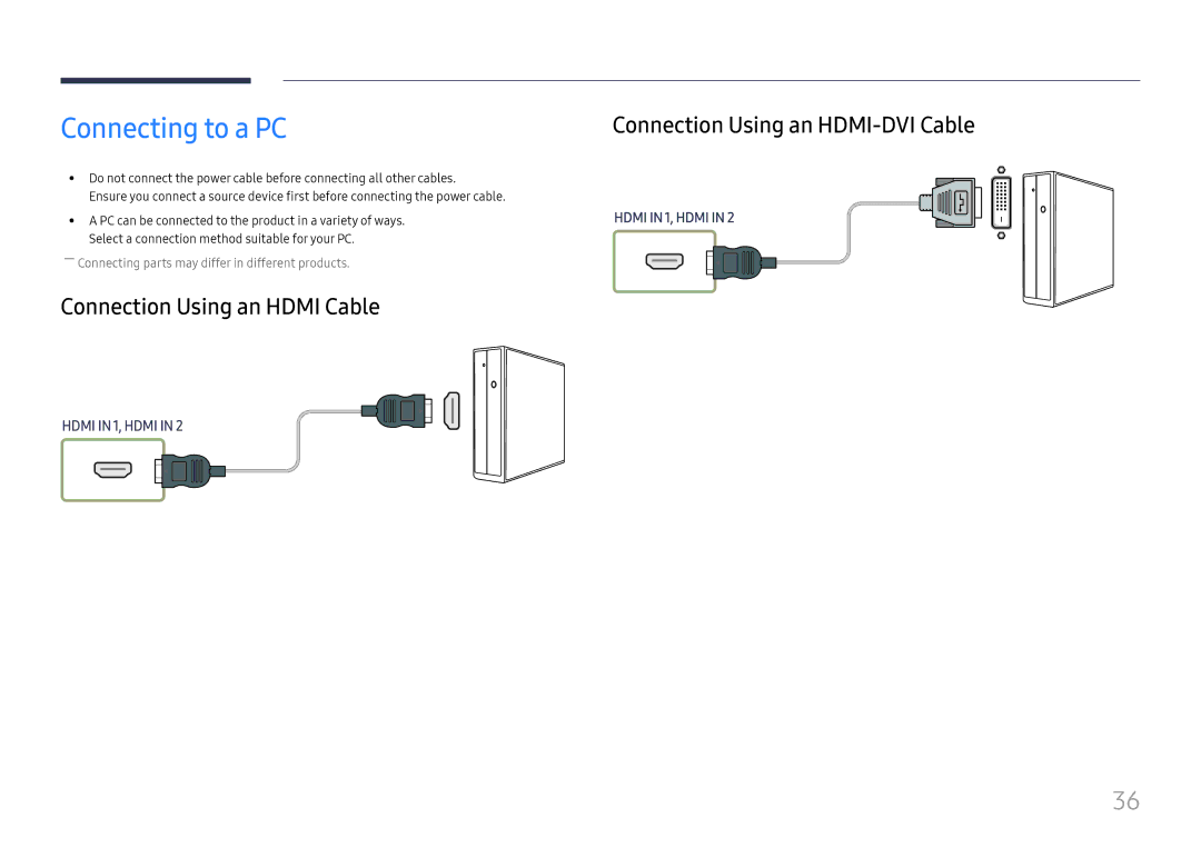 Samsung LH75OHFPLBC/EN, LH75OHFPLBC/XY manual Connecting to a PC, Connection Using an Hdmi Cable 