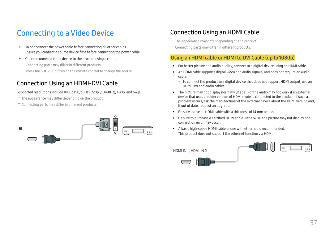 Samsung LH75OHFPLBC/XY, LH75OHFPLBC/EN manual Connecting to a Video Device, Connection Using an HDMI-DVI Cable 