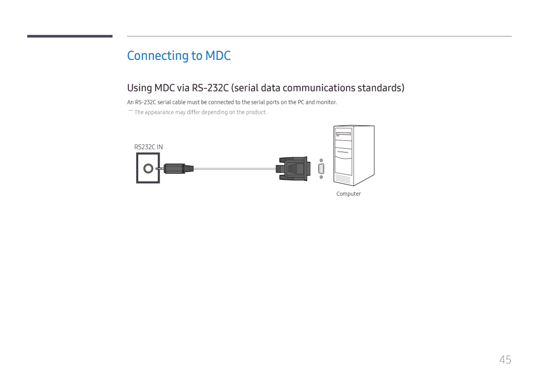 Samsung LH75OHFPLBC/XY, LH75OHFPLBC/EN manual Connecting to MDC, Using MDC via RS-232C serial data communications standards 