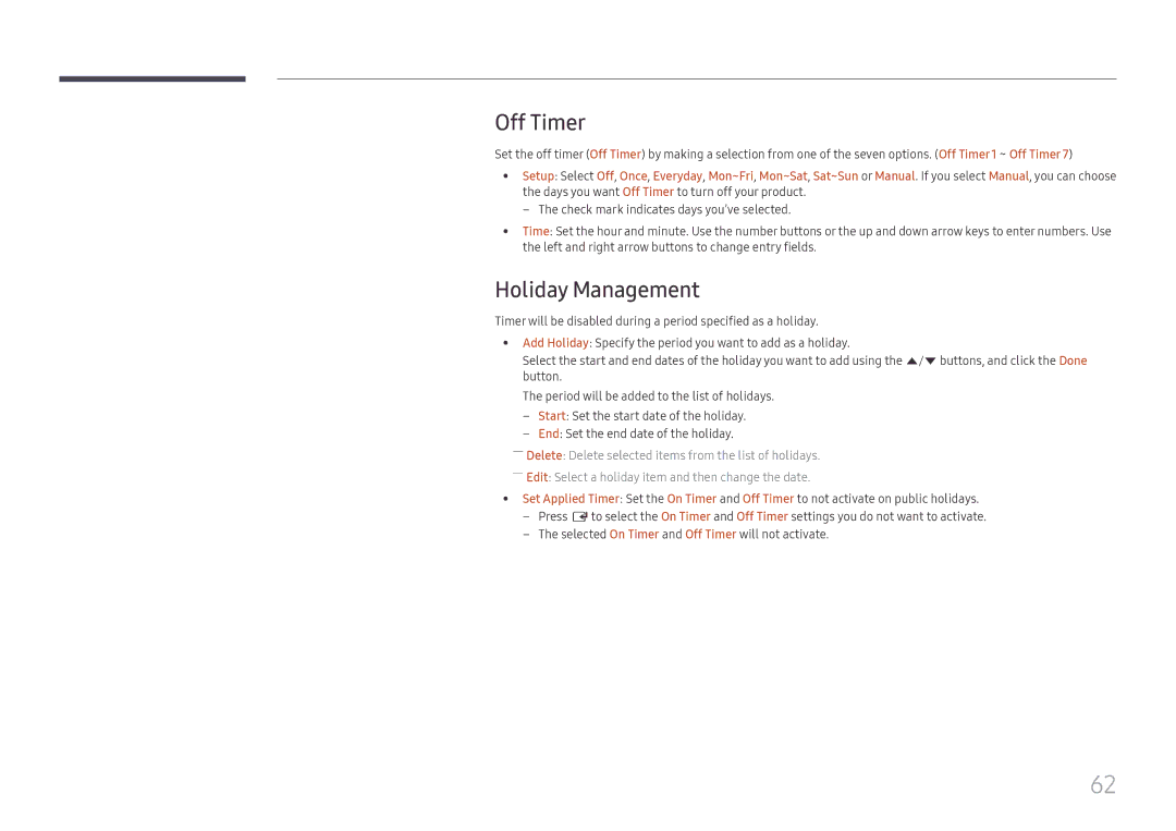 Samsung LH75OHFPLBC/EN, LH75OHFPLBC/XY manual Off Timer, Holiday Management 