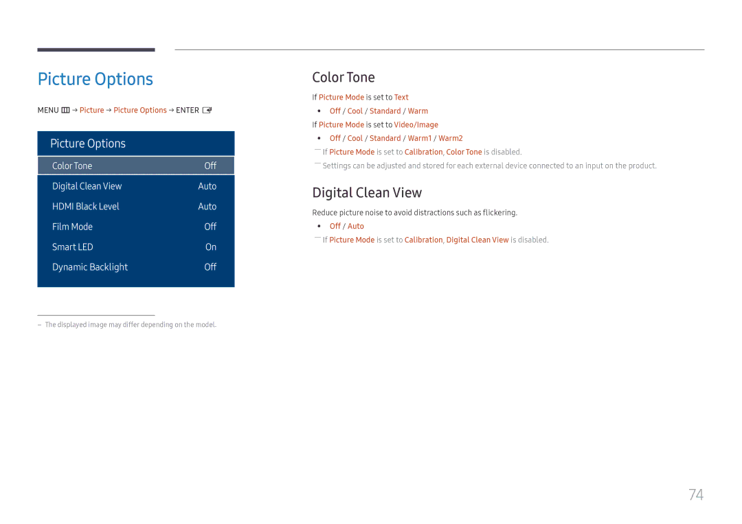 Samsung LH75OHFPLBC/EN, LH75OHFPLBC/XY manual Picture Options, Color Tone, Digital Clean View 