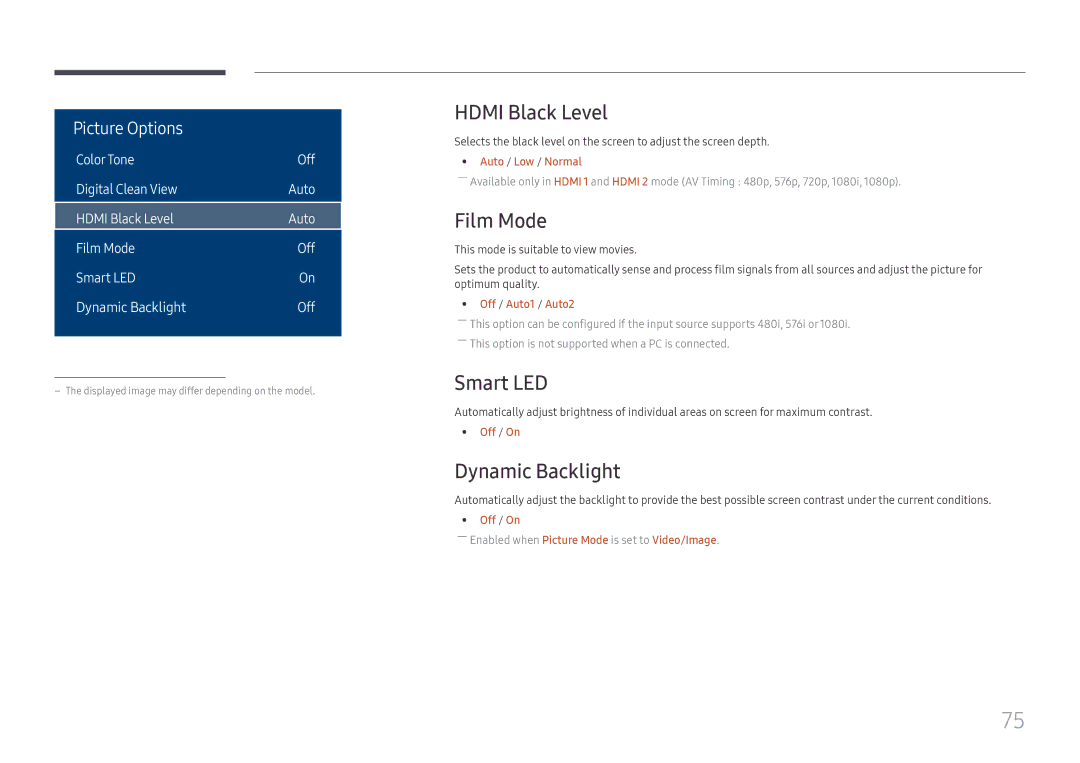 Samsung LH75OHFPLBC/XY, LH75OHFPLBC/EN manual Hdmi Black Level, Film Mode, Smart LED, Dynamic Backlight 