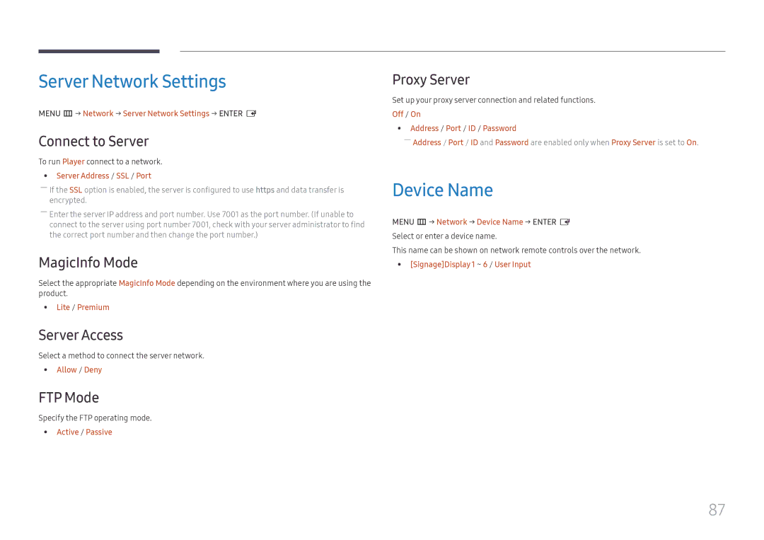 Samsung LH75OHFPLBC/XY, LH75OHFPLBC/EN manual Server Network Settings, Device Name 