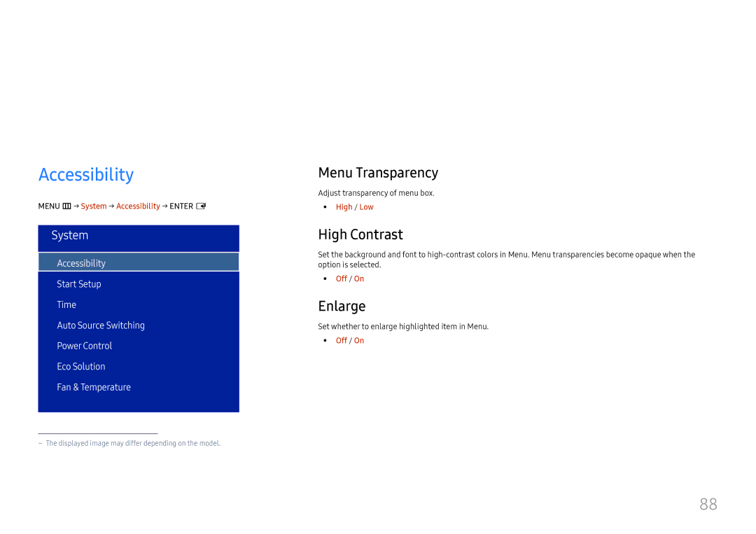 Samsung LH75OHFPLBC/EN, LH75OHFPLBC/XY manual System, Accessibility, Menu Transparency, High Contrast, Enlarge 