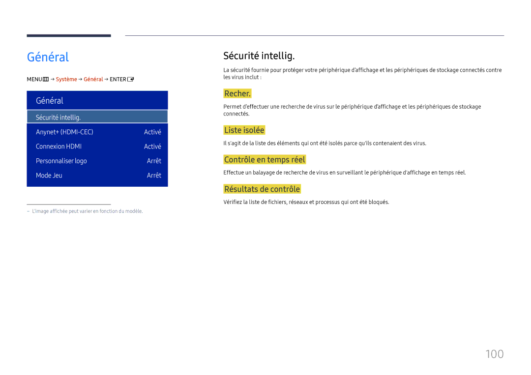 Samsung LH75OHFPLBC/EN manual Général, 100, Sécurité intellig 