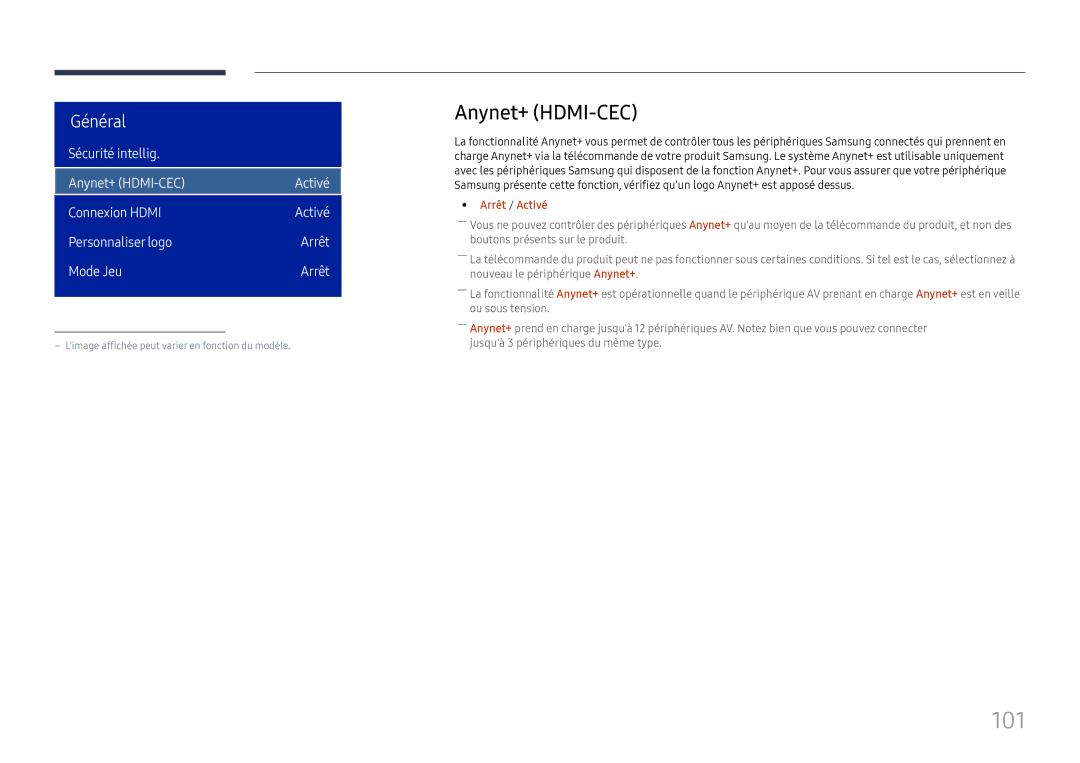 Samsung LH75OHFPLBC/EN manual 101, Sécurité intellig Anynet+ HDMI-CEC Activé Connexion Hdmi 