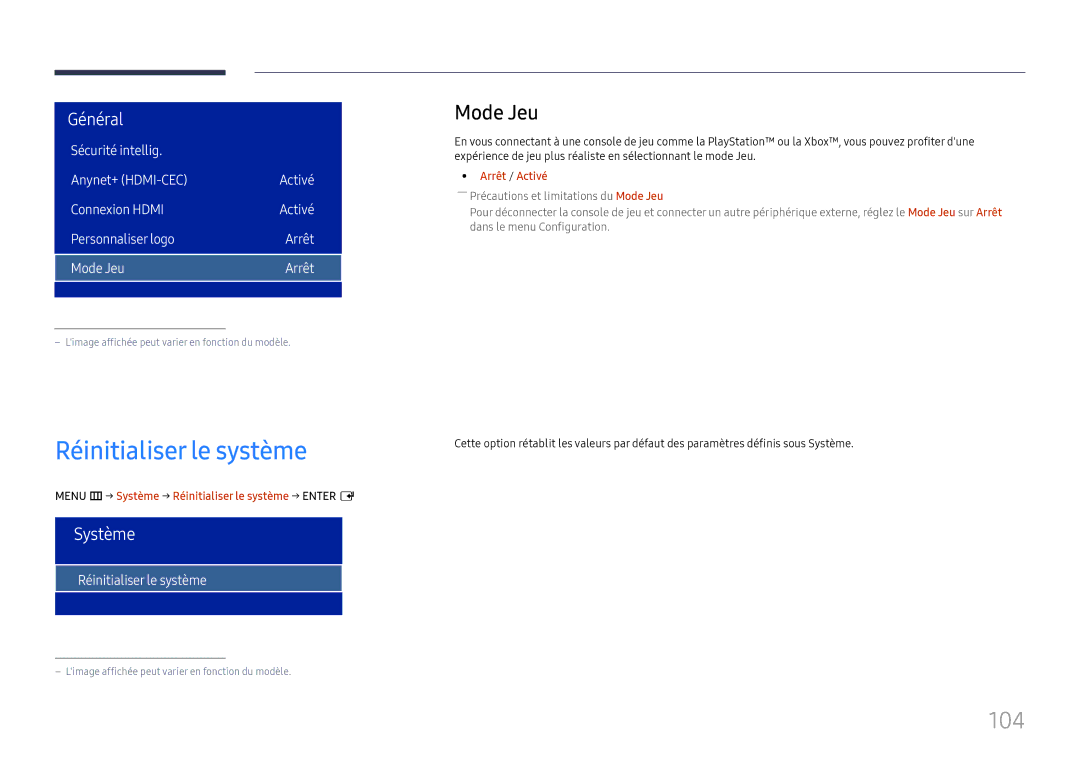 Samsung LH75OHFPLBC/EN manual 104, Mode Jeu, Menu m → Système → Réinitialiser le système → Enter E 